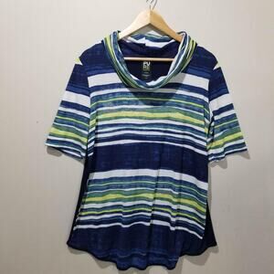 Pure Essence Top Womens Large Blue Green Stripe Cowl Neck Art to Wear Abstract
